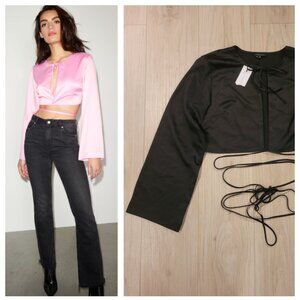 NWT DYNAMITE | Open Front Satin Crop Blouse Long Sleeve Top | Sz. L